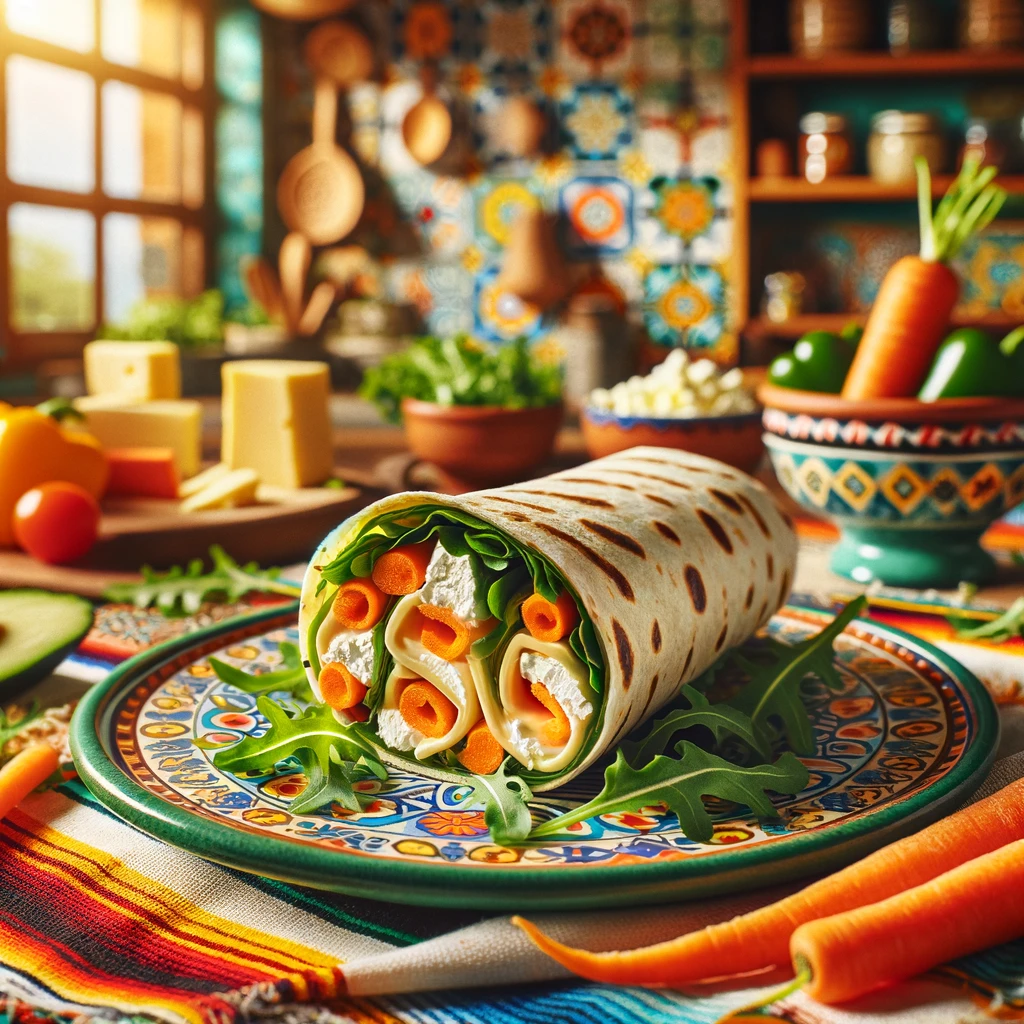 ezonde veggie wrap met smeuïge kaas, gevuld met rucola en worteljulienne, opgerold en schuin doorgesneden, geserveerd op een kleurrijk bord, met verse groenten als decoratie.