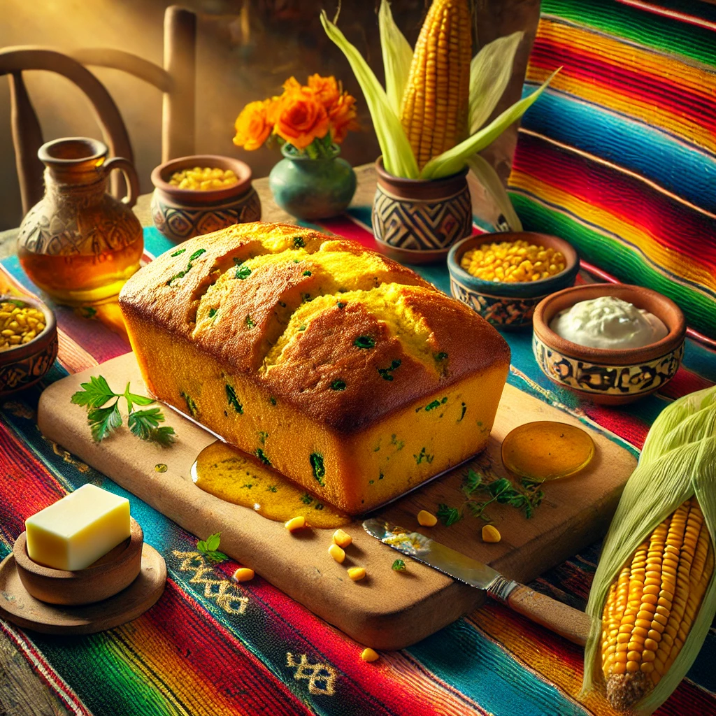 Vers gebakken hartig maïsbrood, goudgeel met een stevige korst, gepresenteerd op een houten snijplank, omringd door schaaltjes boter, verse kruiden, honing, maïskorrels en een decoratieve maïskolf, op een kleurrijk Mexicaans tafelkleed in warme tinten.