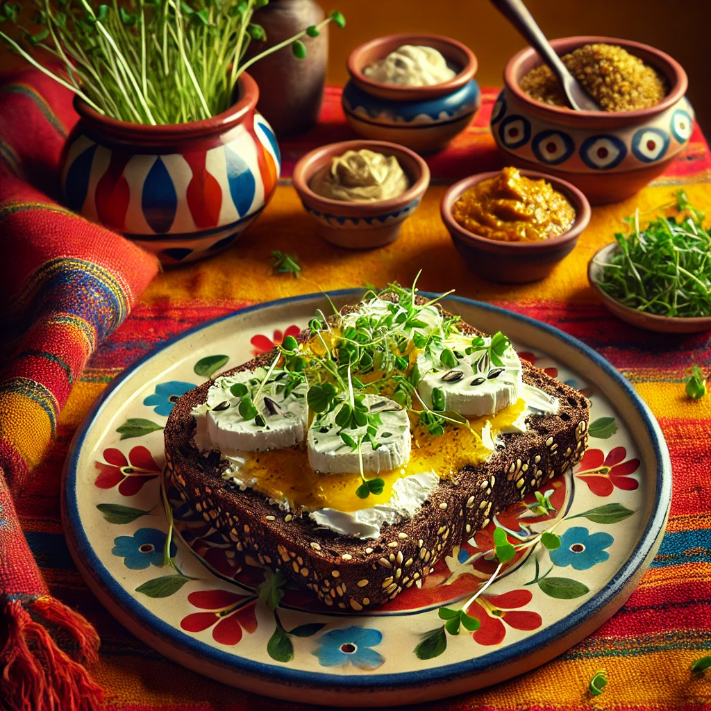 Een sneetje donker meergranenbrood, besmeerd met boter en mosterd, belegd met dunne plakjes Hollandse geitenkaas en toefjes tuinkers, geserveerd op een kleurrijk bord met Mexicaanse patronen, omringd door schaaltjes mosterd en verse tuinkers, op een felgekleurd Mexicaans tafelkleed.