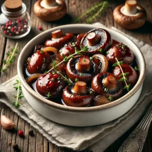 Haarscherpe afbeelding van champignons gegaard in een rijke rodewijnmarinade met knoflook, ui en kruiden. Geserveerd in een wit keramisch kommetje en afgewerkt met verse tijm, op een rustieke houten tafel in helder natuurlijk licht.
