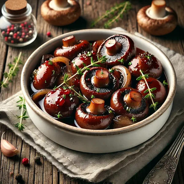 Haarscherpe afbeelding van champignons gegaard in een rijke rodewijnmarinade met knoflook, ui en kruiden. Geserveerd in een wit keramisch kommetje en afgewerkt met verse tijm, op een rustieke houten tafel in helder natuurlijk licht.