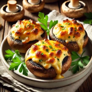 Haarscherpe afbeelding van grote champignons gevuld met een romige Friese kaasvulling, goudbruin gebakken en licht bubbelend. Afgewerkt met verse peterselie en geserveerd op een wit keramisch bord op een rustieke houten tafel.