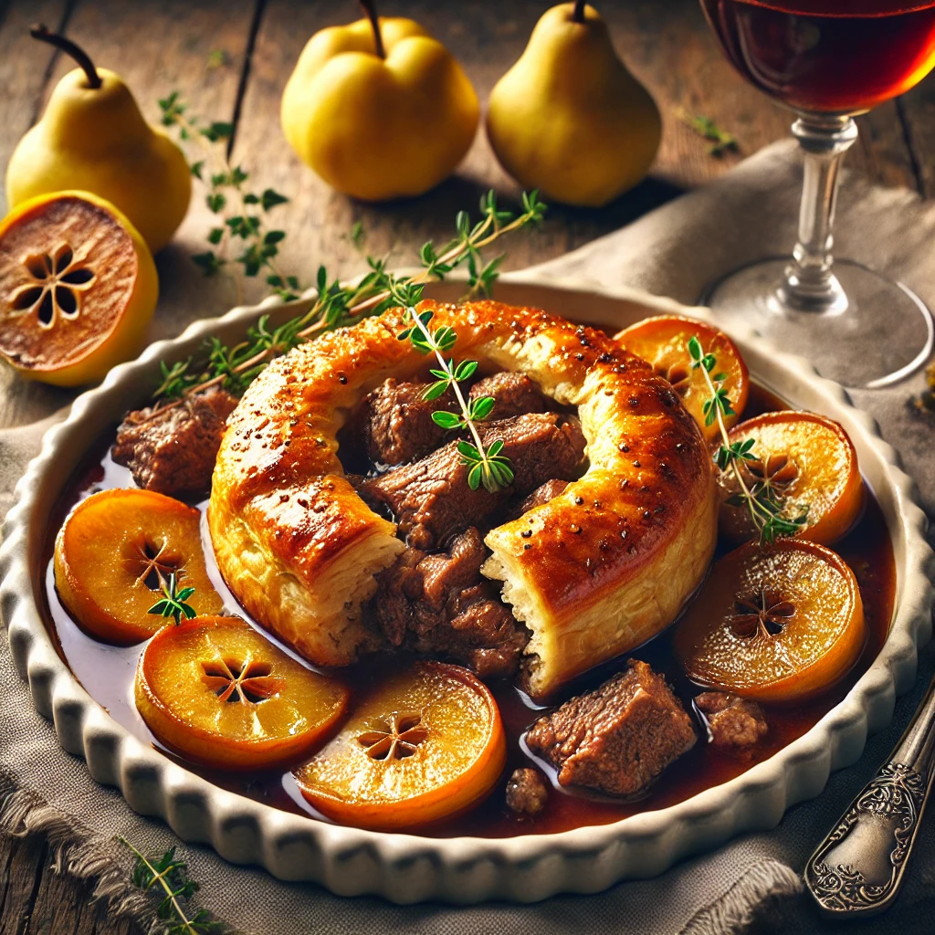 Een luxueuze en gastronomische presentatie van een rijke stoofschotel geïnspireerd op wild, verpakt in een goudbruin bladerdeeg, geserveerd met gekarameliseerde kweepeerschijfjes en gegarneerd met verse tijm. Het geheel is gestyled op een rustieke houten tafel met elegant servies, een glas rode wijn en een linnen servet. Warm, natuurlijk licht benadrukt de verfijnde texturen en feestelijke uitstraling van het gerecht, geschikt voor alle doelgroepen.