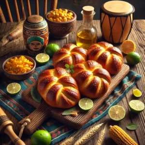 Een luxueuze presentatie van ambachtelijke briochebroodjes in een kleurrijke Mexicaanse stijl. De goudbruine, luchtige broodjes liggen op een rustieke houten plank, glanzend van de gesmolten boter. De setting bevat een felgekleurd Mexicaans tafelkleed, decoratieve limoenpartjes, een mand met extra broodjes en een schaaltje boter, verlicht door helder natuurlijk licht dat de warme en uitnodigende uitstraling benadrukt.