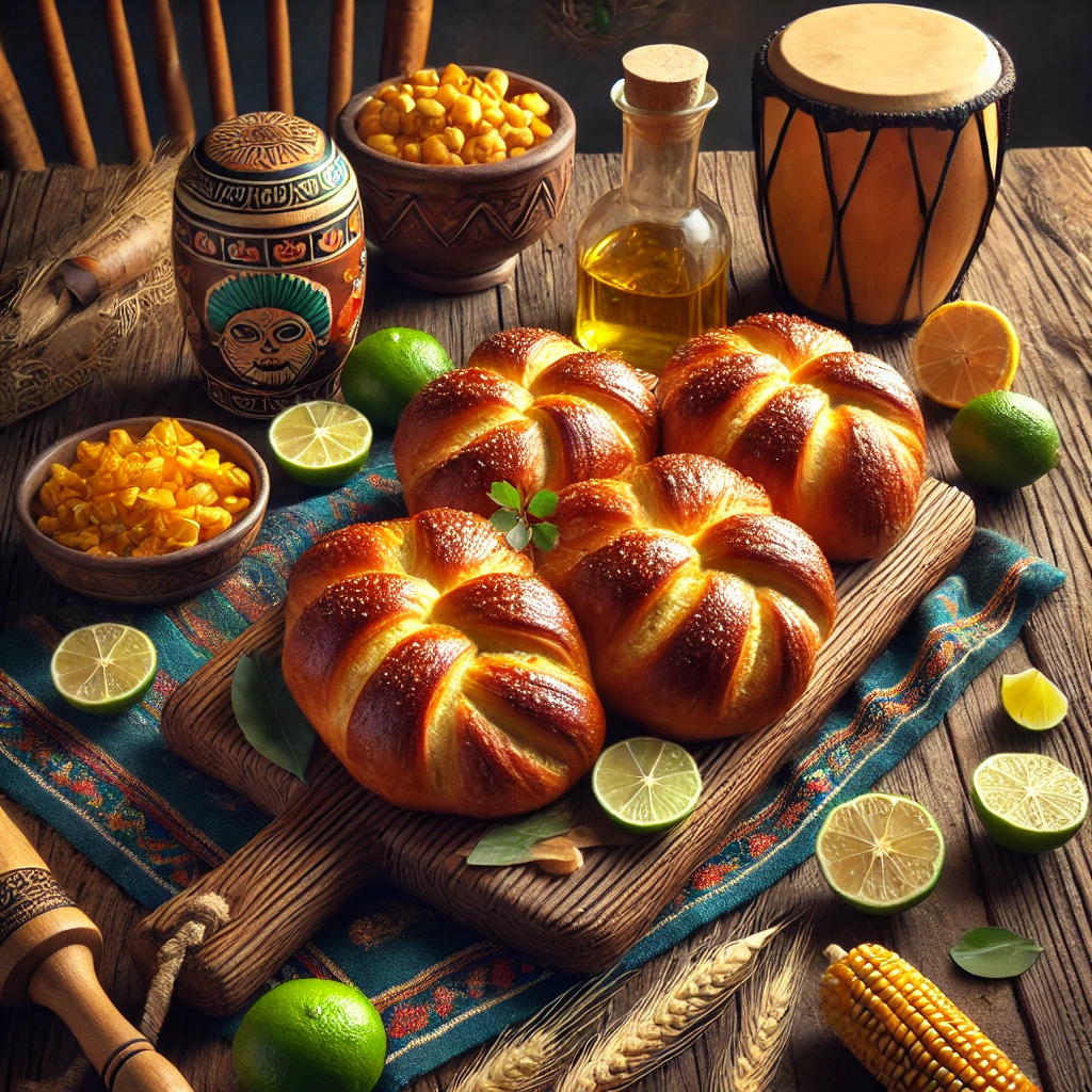 Een luxueuze presentatie van ambachtelijke briochebroodjes in een kleurrijke Mexicaanse stijl. De goudbruine, luchtige broodjes liggen op een rustieke houten plank, glanzend van de gesmolten boter. De setting bevat een felgekleurd Mexicaans tafelkleed, decoratieve limoenpartjes, een mand met extra broodjes en een schaaltje boter, verlicht door helder natuurlijk licht dat de warme en uitnodigende uitstraling benadrukt.