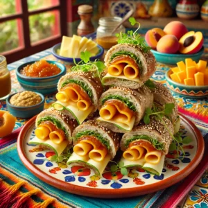 Hollands meerzadenbroodje met kaas, besmeerd met abrikozen-mosterdspread, gevuld met mosterdkaas en verse tuinkers, gepresenteerd op een kleurrijk bord met ingrediënten zoals kaas, abrikozen en mosterd ernaast.