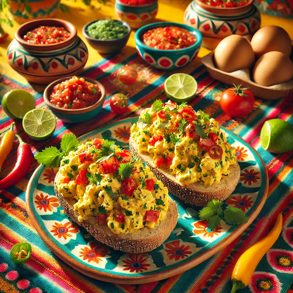 Een kleurrijke Mexicaanse ontbijtopstelling met meergranenbroodjes, belegd met romig roerei, tomaten, chilipepers en koriander, geserveerd op een bord met traditionele Mexicaanse patronen, omringd door salsa, limoenen en chilipepers, op een felgekleurd geweven tafelkleed
