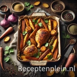 Een hyperrealistische foodfoto van een ovenschotel met kip gekruid met five spices, zoete aardappelblokjes en knapperige groentechips, geserveerd in een ovenschaal op een donkere houten tafel met koriander en specerijen eromheen.