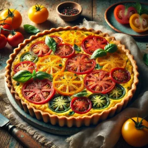 Kleurrijke tomatenquiche met een goudbruine korst, belegd met rode, gele en oranje tomaten in een decoratief patroon, gegarneerd met verse basilicum en zwarte peper, geserveerd in een rustieke setting.