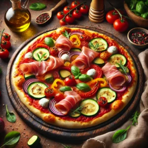 Kleurrijke groentenpizza met een dunne, krokante korst, belegd met tomatensaus, mozzarella, gegrilde paprika, courgette, cherrytomaten, rode ui, rucola en flinterdunne plakjes prosciutto, geserveerd op een houten plank in een warme, rustieke setting.