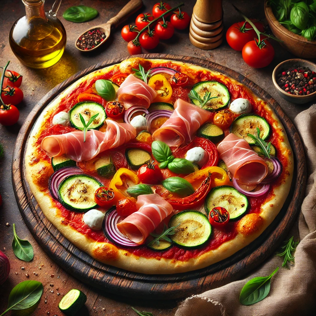 Kleurrijke groentenpizza met een dunne, krokante korst, belegd met tomatensaus, mozzarella, gegrilde paprika, courgette, cherrytomaten, rode ui, rucola en flinterdunne plakjes prosciutto, geserveerd op een houten plank in een warme, rustieke setting.