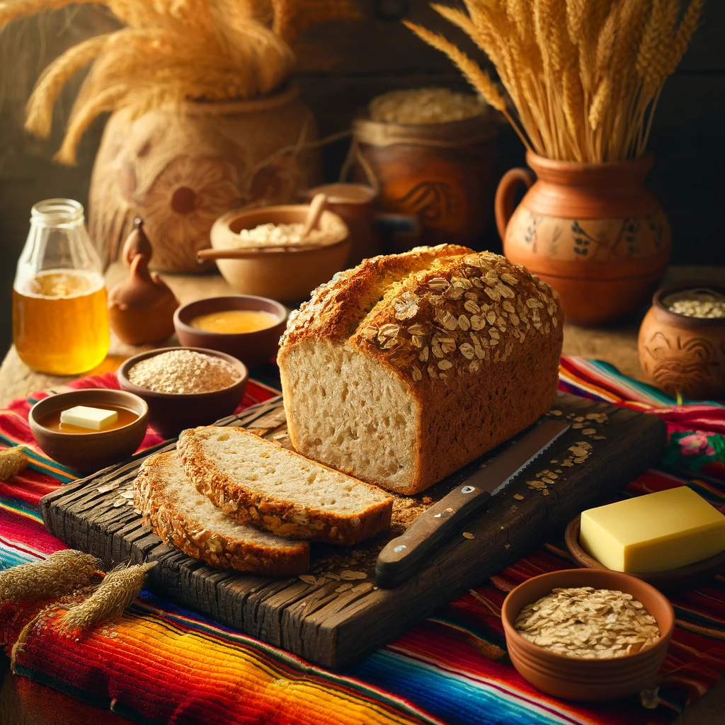 Vers gebakken knapperig havervlokkenbrood, goudbruin met een stevige korst en havervlokken bovenop, gepresenteerd op een houten snijplank met enkele gesneden sneetjes, omringd door schaaltjes boter, honing en havervlokken, decoratieve tarwearen en een melkkan op een kleurrijk Mexicaans tafelkleed.