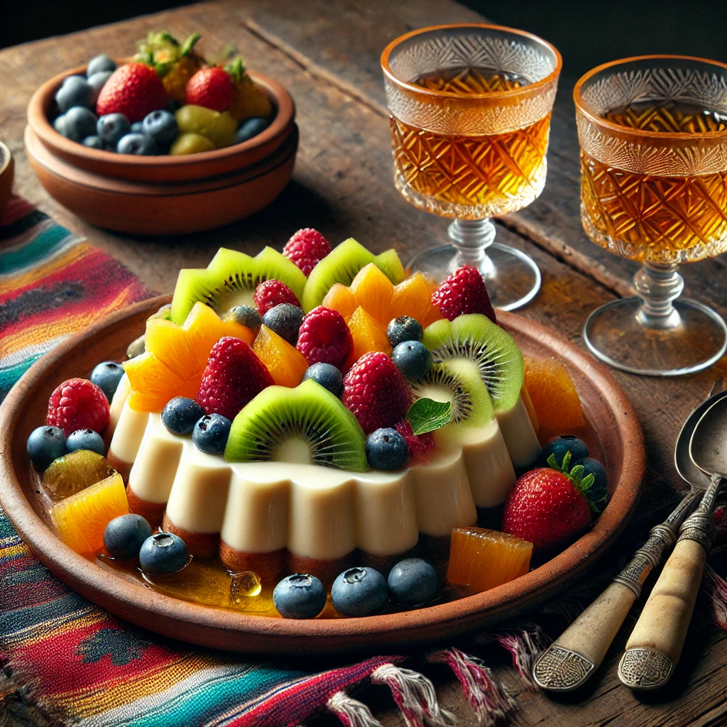 Een kleurrijk dessert van knapperige puddingbladeren gevuld met romige vanillepudding en vers fruit, zoals aardbeien, kiwi en blauwe bessen. De bladerdeeglaagjes zijn goudbruin en licht bestrooid met poedersuiker. Het gerecht is gepresenteerd in een Mexicaanse stijl op een rustieke schaal, omringd door een felgekleurd Mexicaans tafelkleed, een schaaltje pudding en een glas zoete Moscatel wijn. Helder natuurlijk licht benadrukt de frisse en uitnodigende uitstraling.