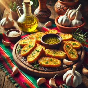Knapperige knoflook-crostini, goudbruin en besprenkeld met knoflookolie en zout, geserveerd op een houten schaal, gedecoreerd met verse knoflook, een schaaltje knoflookolie en takjes kruiden, geplaatst op een kleurrijk Mexicaans tafelkleed.