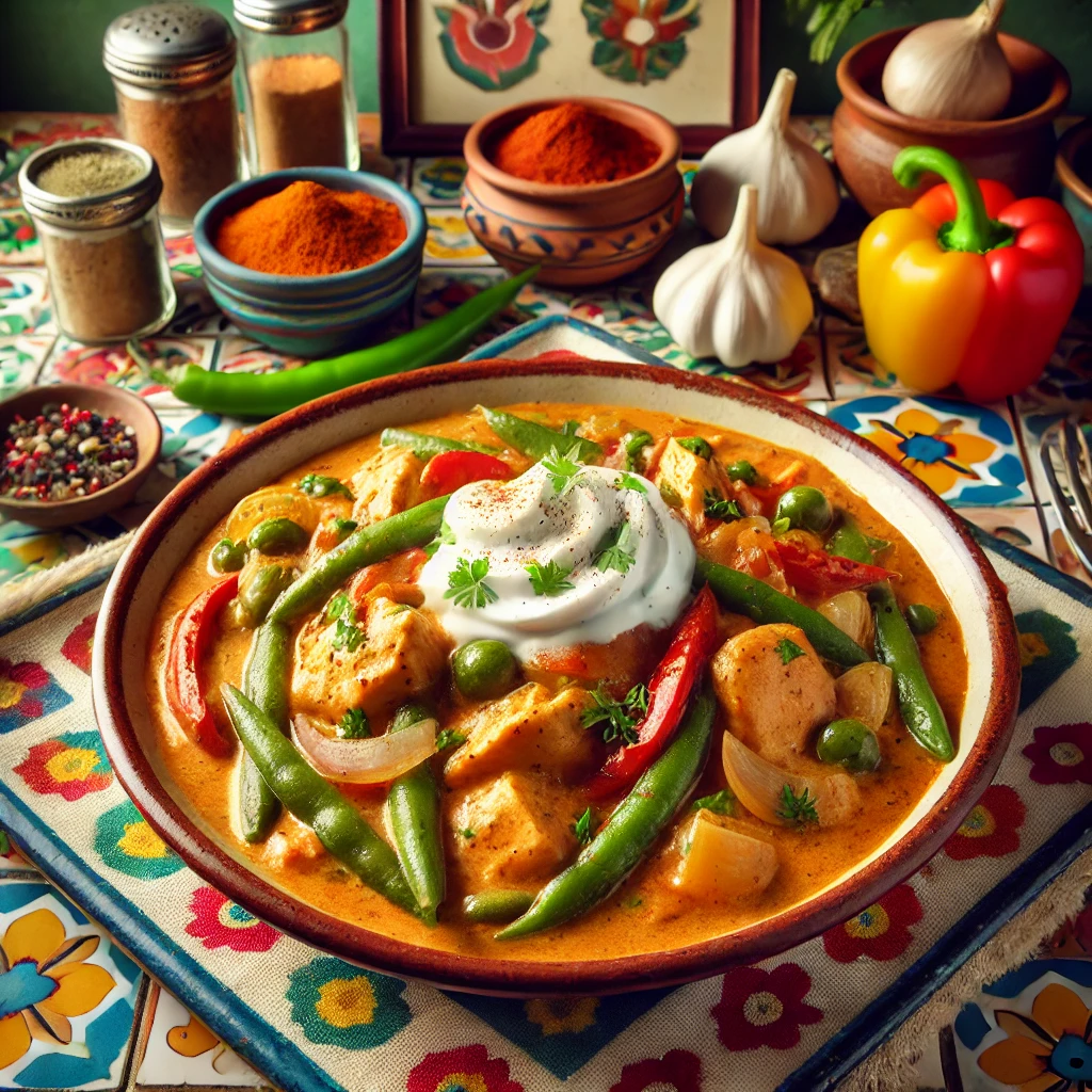 Romige kip goulash met groenten, geserveerd in een kleurrijke kom, met malse kipstukjes in een paprikasaus, gecombineerd met sperziebonen, paprika en uien, gegarneerd met crème fraîche en verse kruiden.