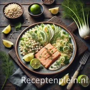 Een hyperrealistische foodfoto van zalmrillette met limoenzeste, geserveerd met parelcouscous en een frisse venkelsalade met dille en citroen, op een rustiek bord op een donkere houten tafel met zalm, limoen en venkel eromheen.