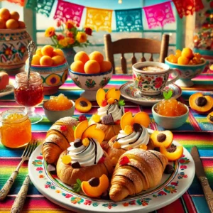 Een kleurrijke en feestelijke presentatie van verfijnde croissants gevuld met abrikoos, chocolade en Griekse yoghurt, geserveerd met marmelade op een Mexicaans geïnspireerde tafelsetting met heldere tafelkleden en decoraties.