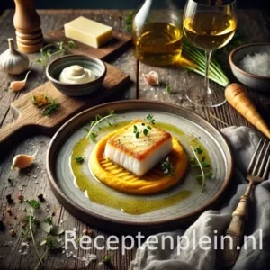 Fijn opgemaakt bord met gebakken witte vis op een romige pastinaakpuree, overgoten met beurre blanc, gegarneerd met kruiden. Geserveerd op een houten tafel met boter, sjalot en witte wijn als decor.
