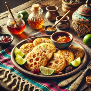 Een kleurrijke presentatie van Marokkaanse griesmeelpannenkoeken (Begrir) in een Mexicaanse stijl. De luchtige, goudbruine pannenkoeken zijn gestapeld op een rustieke schaal en geserveerd met schaaltjes honing, jam en decoratieve muntblaadjes. De setting bevat een felgekleurd Mexicaans tafelkleed, een kopje muntthee en een mandje met limoenpartjes, verlicht door helder natuurlijk licht dat de uitnodigende uitstraling benadrukt.