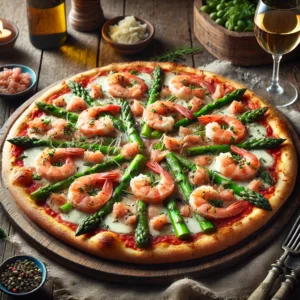 Mediterrane pizza met een dunne, krokante korst, belegd met zalm, knoflookgarnalen, zeekraal, gesmolten mozzarella en verse kruiden, geserveerd op een houten plank in een rustieke setting met een glas witte wijn.