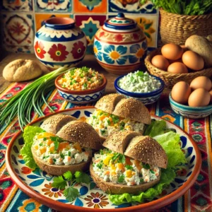 Meergranenbroodjes gevuld met lichte eiersalade, gegarneerd met verse kruiden, geserveerd op een kleurrijk bord met verse eieren, bieslook en sla erbij.