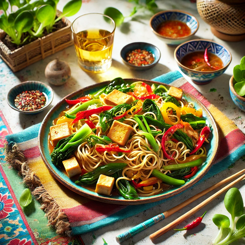 Een levendige en kleurrijke scène met Mie-wokschotel met paksoi, geserveerd op een rustiek bord. Het gerecht bevat Chinese eiermie, roergebakken paksoi, tofu en paprika, gegarneerd met seroendeng. De setting bevat een kleurrijk tafelkleed, een klein schaaltje Thaise chilisaus, eetstokjes en een glas witte wijn, verlicht door helder natuurlijk licht om de frisse en uitnodigende uitstraling te benadrukken.