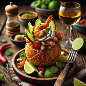 en vrolijk en kleurrijk bord met een Mexicaanse twist op een gevulde mini-krentenbol, gevuld met smeerkaas, een plakje kipfilet en partjes mandarijn. Het gerecht is stijlvol gepresenteerd op een rustiek houten bord met een kleurrijk Mexicaans tafelkleed, versierd met limoenpartjes, verse munt en een glas frisse witte wijn, verlicht door helder natuurlijk licht dat de levendige uitstraling benadrukt.