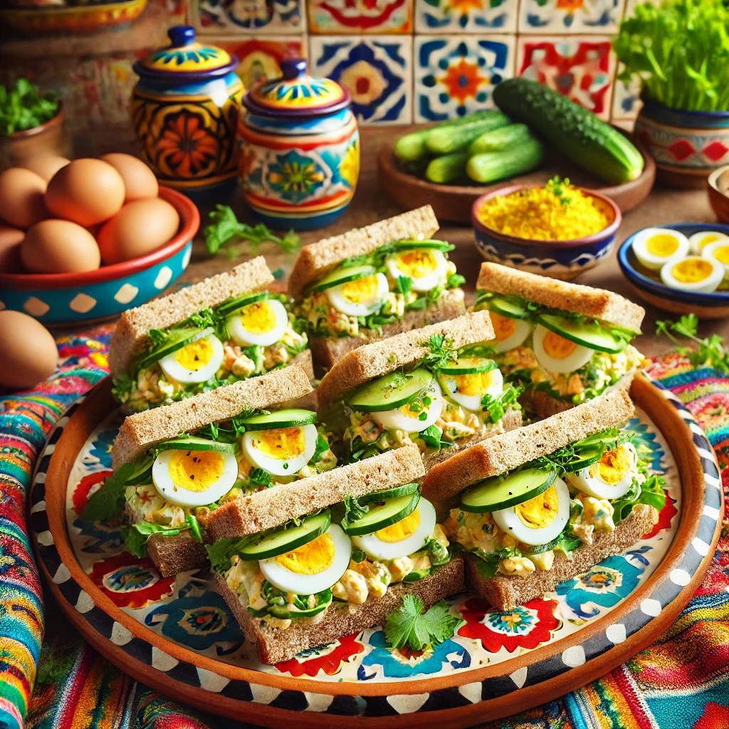 Minisandwich met eiersalade, gemaakt van volkorenbrood, gevuld met komkommer, veldsla en een romige eiersalade, netjes gepresenteerd op een kleurrijk bord en gegarneerd met verse kruiden.