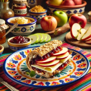 Mueslibol gevuld met halvarine, gemberjam, een plak jong belegen kaas en dunne schijfjes appel, gepresenteerd op een kleurrijk bord met verse appelpartjes en een schaaltje jam erbij.