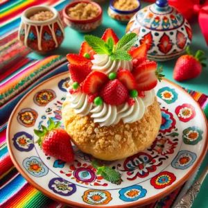 Een kleurrijke Mexicaans geïnspireerde presentatie van een mascarpone-mueslibol, prachtig gegarneerd met verse aardbeien en muntblaadjes, geserveerd op een kleurrijk bord met een feestelijke en decoratieve tafelschikking.