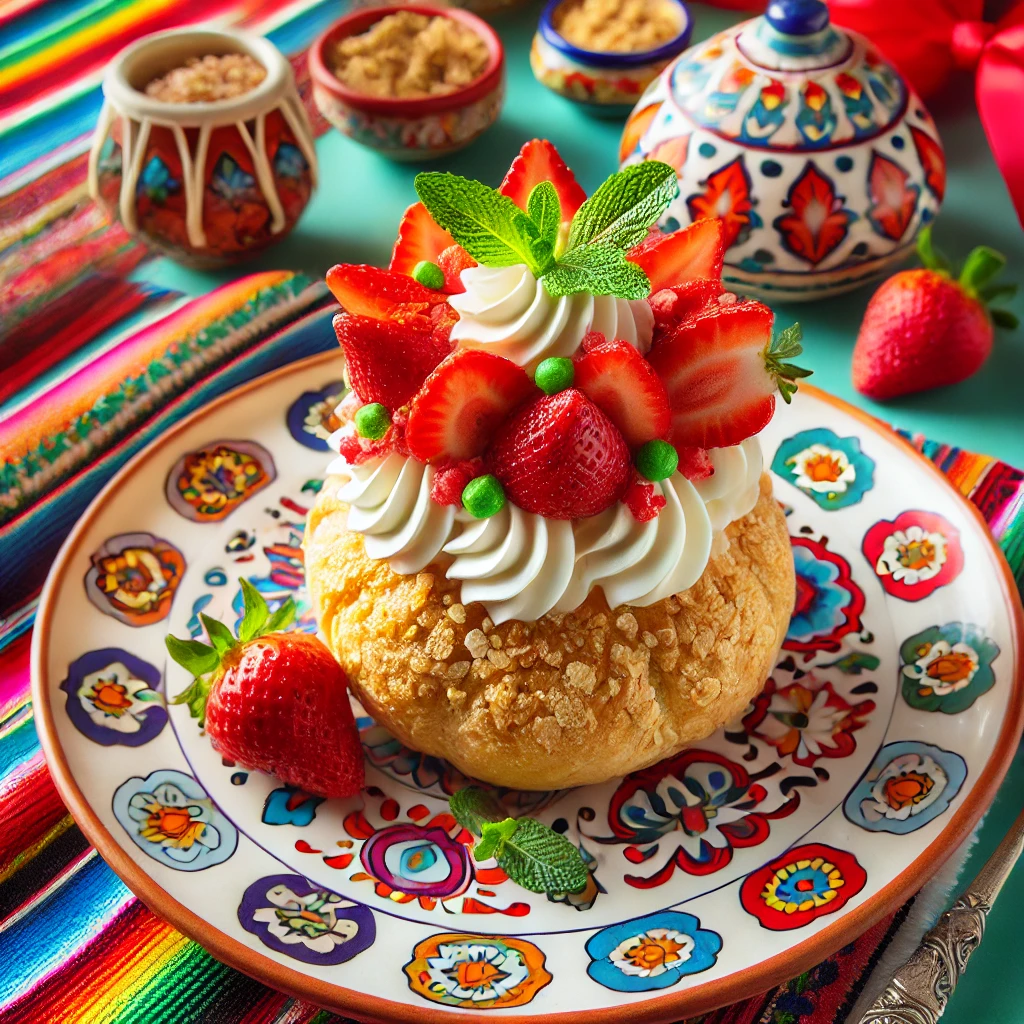 Een kleurrijke Mexicaans geïnspireerde presentatie van een mascarpone-mueslibol, prachtig gegarneerd met verse aardbeien en muntblaadjes, geserveerd op een kleurrijk bord met een feestelijke en decoratieve tafelschikking.