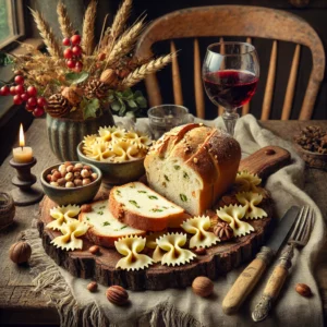 Een rustiek gerecht van sneetjes notenbrood besmeerd met zelfgemaakte notenpasta, gepresenteerd op een houten bord. Het brood is gegarneerd met extra gemengde noten en een takje verse munt. De setting bevat een glas rode wijn, een rustieke tafel met een linnen servet, en decoratieve noten in een schaaltje, verlicht door helder natuurlijk licht dat de rijke en warme uitstraling benadrukt.