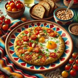 Een kleurrijke Mexicaanse ontbijtopstelling met een omelet van eieren, quinoa, witte bonen en cherrytomaten, gegarneerd met bieslook, geserveerd op een bord met Mexicaanse patronen, vergezeld van sneetjes stevig speltbrood en decoratief omringd door tomaatjes, kruiden en een glas witte wijn.