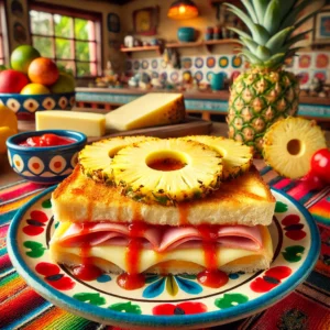 Ontbijttosti met gesmolten kaas, ham en een schijf ananas, goudbruin gebakken en geserveerd op een kleurrijk bord met ketchup als garnering.