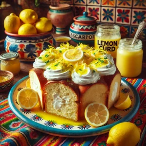 Paasbrood met mascarpone en lemon curd, geserveerd in dikke plakken, royaal besmeerd en gegarneerd met verse citroenzest, op een kleurrijk bord met citroenen en een schaaltje lemon curd erbij.