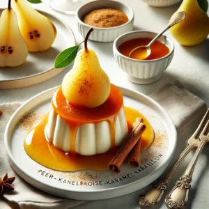 Een luxueuze en elegante presentatie van peer-kaneelbavaroise met karamelsabayon, geserveerd op een wit dessertbord. De bavaroise van peer en kaneel is bedekt met een glanzende karamelsabayon en gegarneerd met dunne plakjes gepocheerde peer en een vleugje kaneelpoeder. De setting bevat een verfijnd tafelkleed, een klein schaaltje karamelsaus, een dessertvork en een glas dessertwijn, verlicht door helder natuurlijk licht om de feestelijke en indulgente uitstraling te benadrukken.