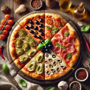 Pizza Quattro Stagioni met een dunne, goudbruine korst, verdeeld in vier kwarten met artisjokken, zwarte olijven, champignons en prosciutto, gegarneerd met basilicum en geserveerd op een houten plank in een warme, rustieke setting.