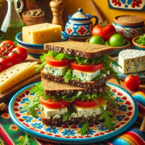 Roggebroodsandwich met jonge kaas, gevuld met plakjes tomaat en verse rucola, geserveerd op een kleurrijk bord, omringd door roggebrood, kaas en tomaten.