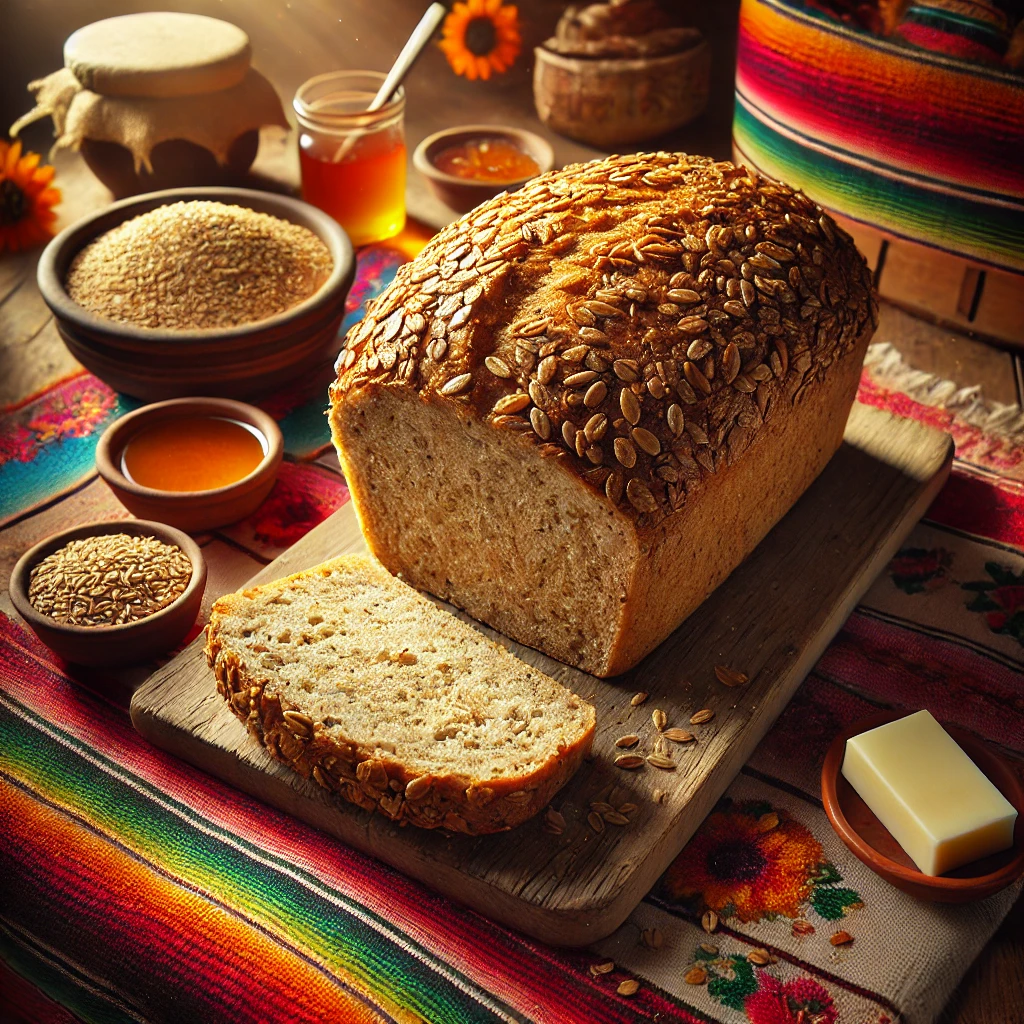 Vers gebakken multigranenbrood met roggevlokken, goudbruin met een stevige korst, gepresenteerd op een houten snijplank, omringd door decoratieve roggevlokken, schaaltjes boter, honing en jam, op een kleurrijk Mexicaans tafelkleed in warme tinten.