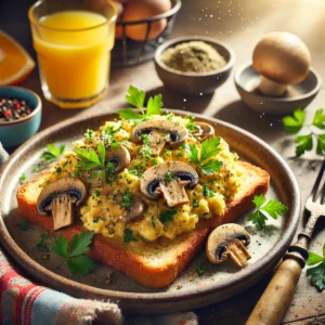 Een gezellige en uitnodigende presentatie van romige paddenstoelen roerei op knapperige toast, geserveerd op een rustiek bord. De roerei is gemengd met gebakken paddenstoelen en kruiden, en gegarneerd met verse peterselie en een vleugje zwarte peper. De setting bevat een kleurrijk tafelkleed, een glas sinaasappelsap en een vork, verlicht door helder natuurlijk licht om de troostende en hartige uitstraling van dit ontbijtgerecht te benadrukken.