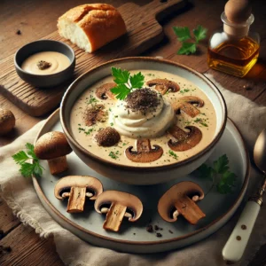 Romige paddenstoelenbouillon met een toef truffelroom, gegarneerd met dunne plakjes paddenstoel, een druppel truffelolie en verse peterselie, geserveerd in een diepe kom op een rustieke tafel met artisanaal brood.