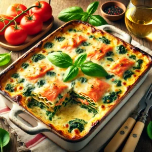 Een levendige en smakelijke presentatie van romige spinazie-zalm lasagne geserveerd in een rustieke witte keramische ovenschaal. De lasagne heeft een goudbruin gesmolten kaaslaagje bovenop, met zichtbare lagen romige spinazie en zalm. Het gerecht is gegarneerd met verse basilicumblaadjes en omringd door plakjes tomaat en een glas gekoelde witte wijn op een houten tafel, verlicht door helder natuurlijk licht om de frisse en rijke uitstraling te benadrukken, perfect voor een gezellige dineravond.