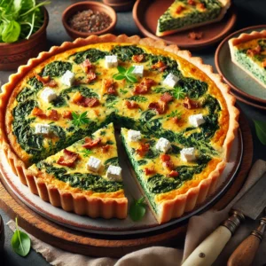 Romige spinaziequiche met een goudbruine korst, gevuld met feta en spekjes, geserveerd in punten op een rustiek bord, gegarneerd met verse peterselie en een salade van gemengde groenten in een gezellige, warme setting.