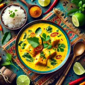 A vibrant and inviting Thai-style creamy fish curry presented in a rich yellow coconut base, garnished with fresh cilantro and red chilies, accompanied by jasmine rice, lime wedges, and Thai basil in a traditional Thai setting.