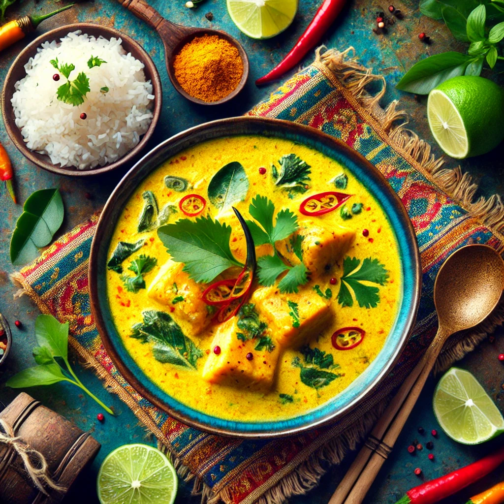 A vibrant and inviting Thai-style creamy fish curry presented in a rich yellow coconut base, garnished with fresh cilantro and red chilies, accompanied by jasmine rice, lime wedges, and Thai basil in a traditional Thai setting.