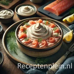 Een hyperrealistische foodfoto van een romige zalmmousse met een luchtige textuur en lichtroze kleur, gegarneerd met dille en citroen, geserveerd in een kom op een donkere houten tafel met zalm en kruiden eromheen.