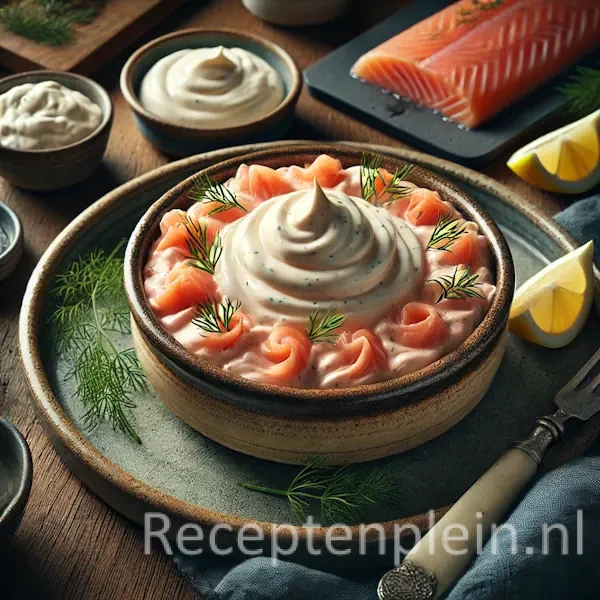 Een hyperrealistische foodfoto van een romige zalmmousse met een luchtige textuur en lichtroze kleur, gegarneerd met dille en citroen, geserveerd in een kom op een donkere houten tafel met zalm en kruiden eromheen.