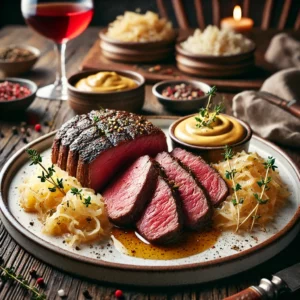 Rosé gebraden entrecôte in plakjes, geserveerd met zachte roomzuurkool, een mosterdsaus, en gegarneerd met verse tijm, op een witte plaat in een rustieke setting met een glas rode wijn.