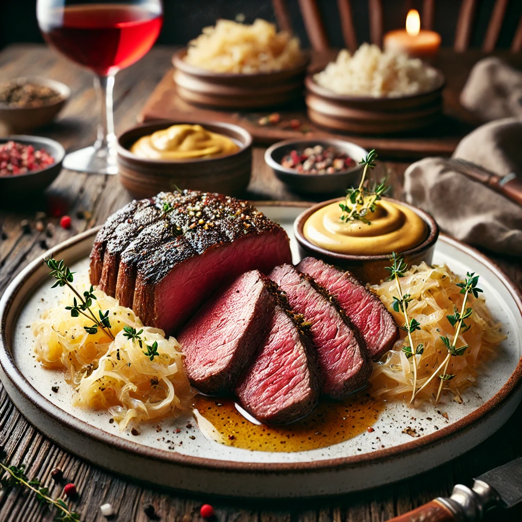 Rosé gebraden entrecôte in plakjes, geserveerd met zachte roomzuurkool, een mosterdsaus, en gegarneerd met verse tijm, op een witte plaat in een rustieke setting met een glas rode wijn.