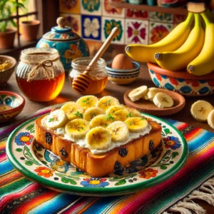 Rozijnenbroodtosti met banaan, goudbruin gebakken en gevuld met plakjes banaan, roomkaas en honing, geserveerd op een kleurrijk bord met extra honing en banaan erbij.